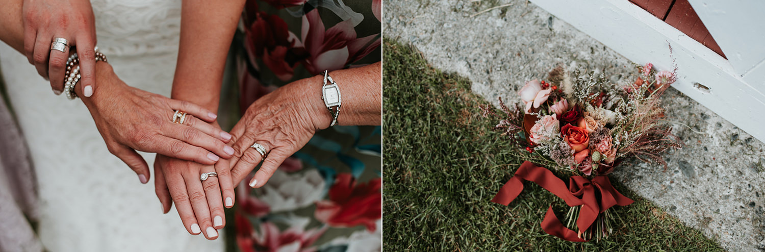 Wedding rings and florals by BC wedding photographer