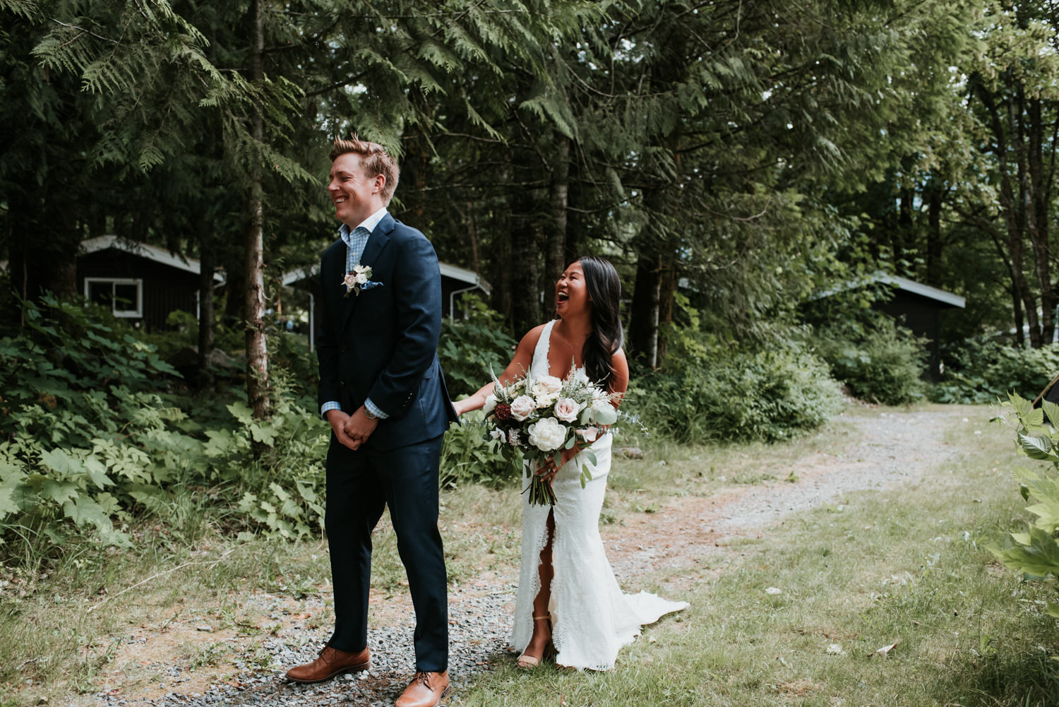 First Look between bride and groom at Sunwolf BC